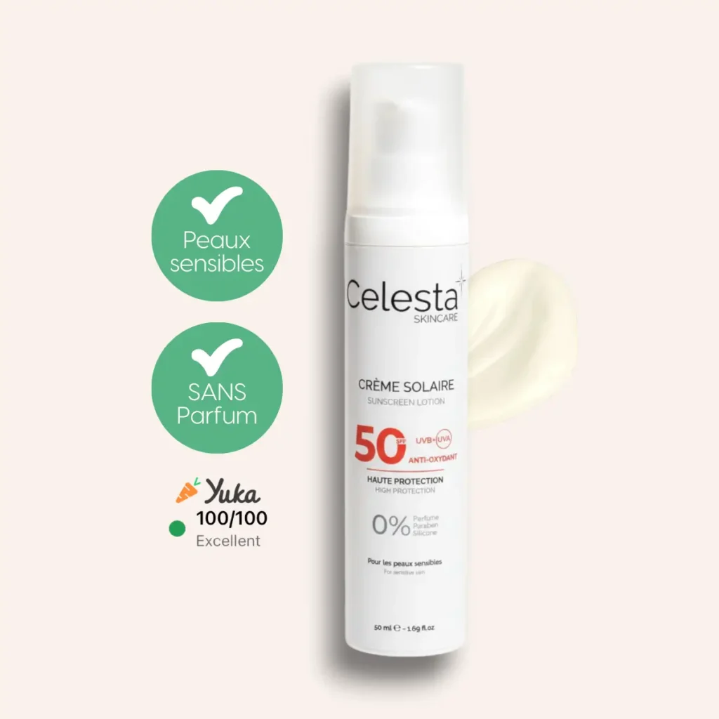 Crème solaire SPF50 Celesta Skincare pour peaux sensibles, protection efficace contre les UV sans parfum, notée 100/100 sur YUKA