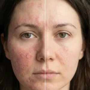 Avant/après d’un visage atteint d’eczéma et de dermatite atopique, illustrant l’effet d’une routine visage sans parfum Celesta Skincare, notée 100/100 sur Yuka