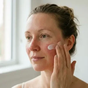 Femme appliquant une crème sans parfum Celesta Skincare sur une peau sensible irritée et rouge