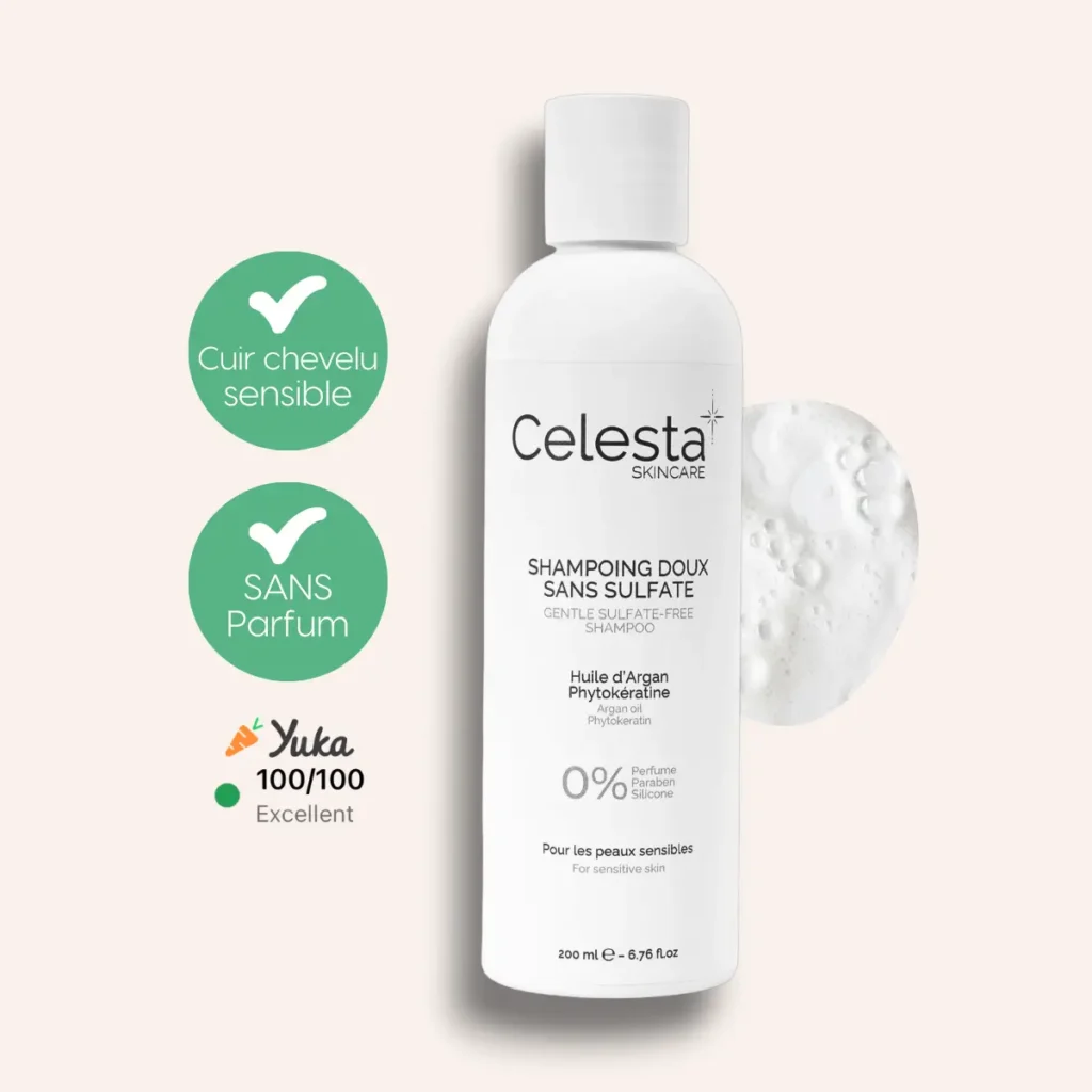 Shampoing doux sans sulfate Celesta Skincare pour cuir chevelu sensible, sans sulfate, sans silicone, sans paraben, sans parfum. Soin capillaire hydratant et fortifiant