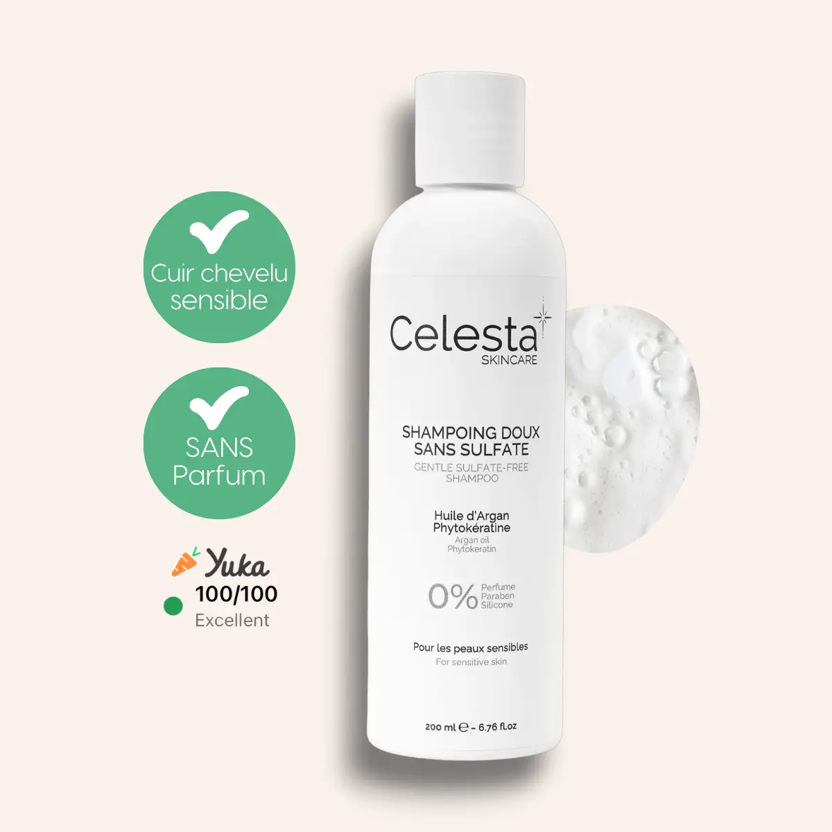 Shampoing doux sans sulfate Celesta Skincare pour cuir chevelu sensible, sans sulfate, sans silicone, sans paraben, sans parfum. Soin capillaire hydratant et fortifiant