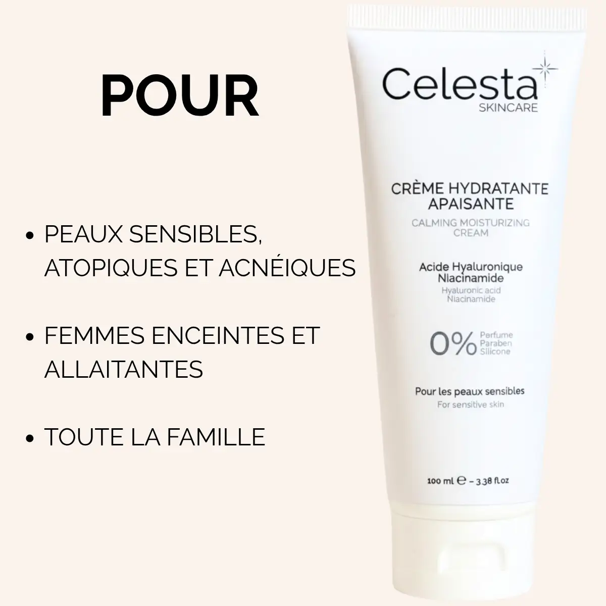 Crème hydratante apaisante sans parfum Celesta Skincare – pour peaux sensibles, atopiques et acnéiques, femmes enceintes, toute la famille, 100/100 YUKA