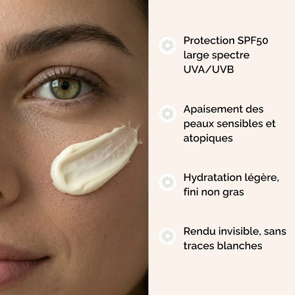Crème solaire SPF50 sans parfum Celesta Skincare. Liste des bienfaits pour peaux sensibles et atopiques, 100/100 YUKA