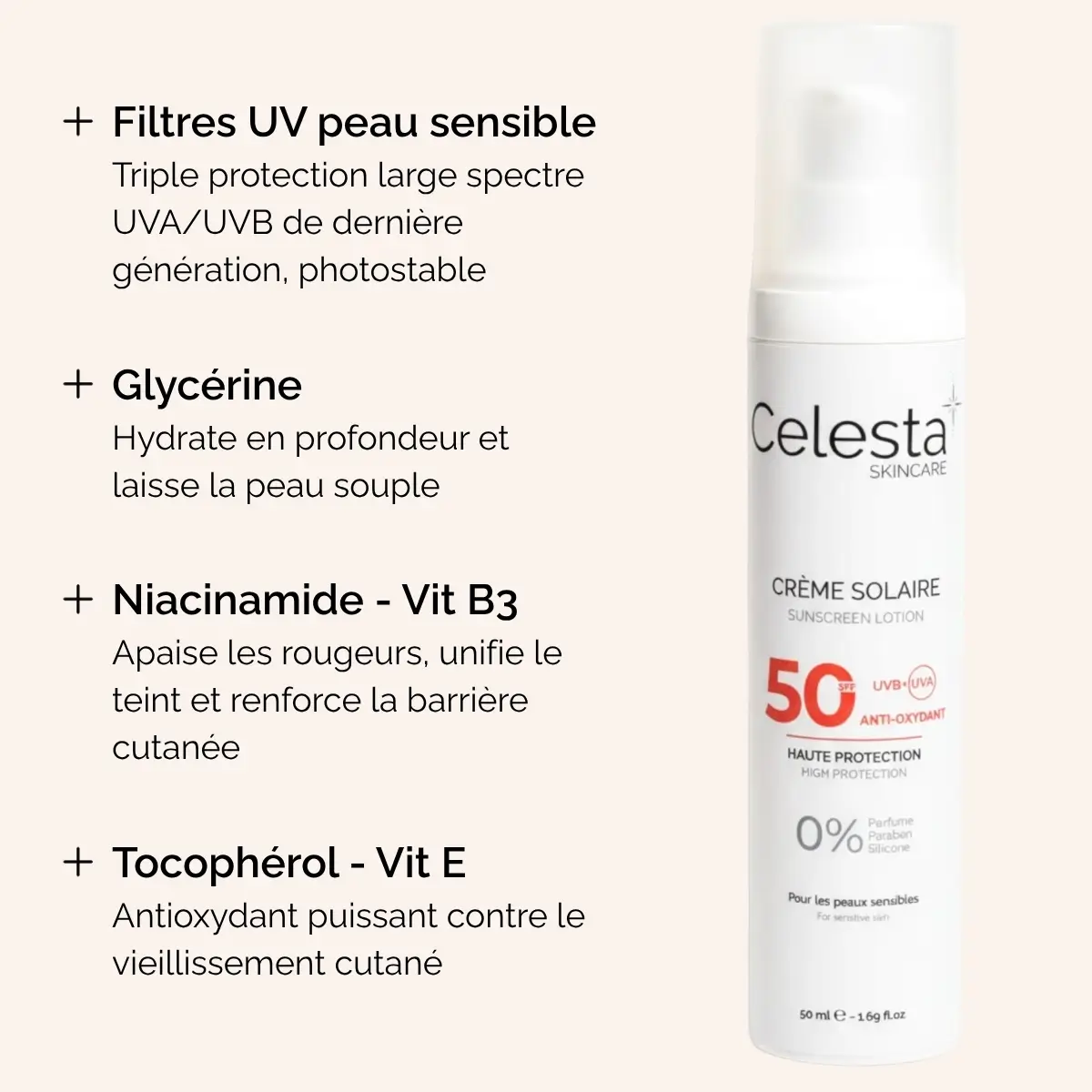Ingrédients crème solaire SPF50 sans parfum Celesta Skincare – Filtres organiques UVA/UVB, Niacinamide, Glycérine, Tocophérol, pour peaux sensibles, 100/100 YUKA