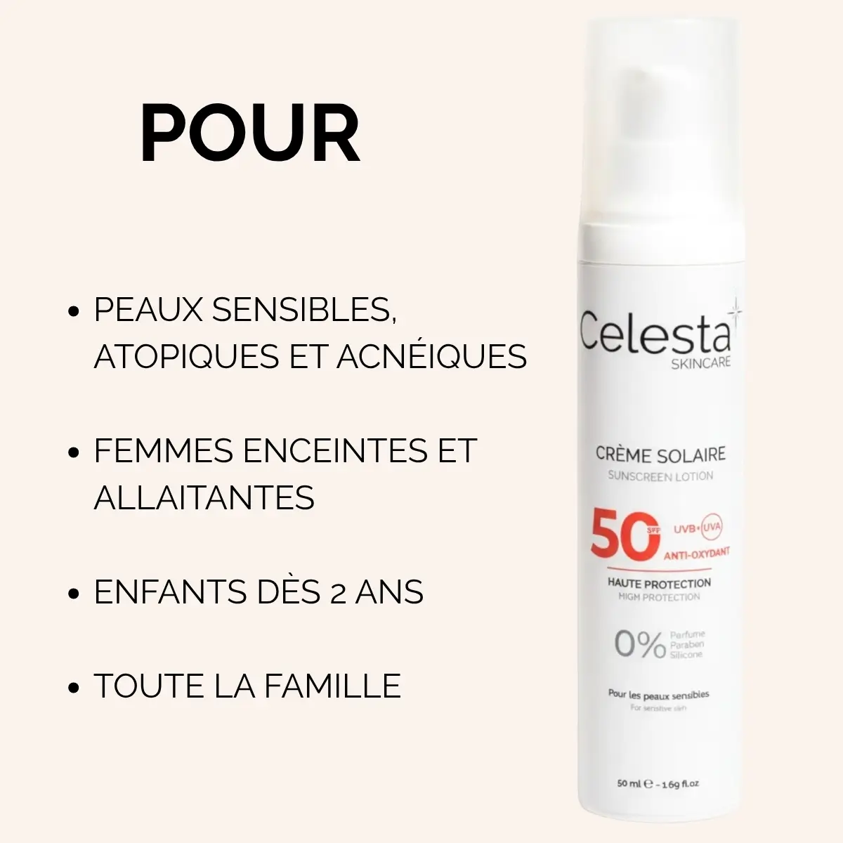 Crème solaire SPF50 sans parfum Celesta Skincare pour peaux sensibles, atopiques et acnéiques, femmes enceintes, enfants dès 2 ans, 100/100 YUKA