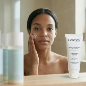 Femme appliquant la crème hydratante Celesta Skincare 100/100 YUKA sur son visage pour peau sensible