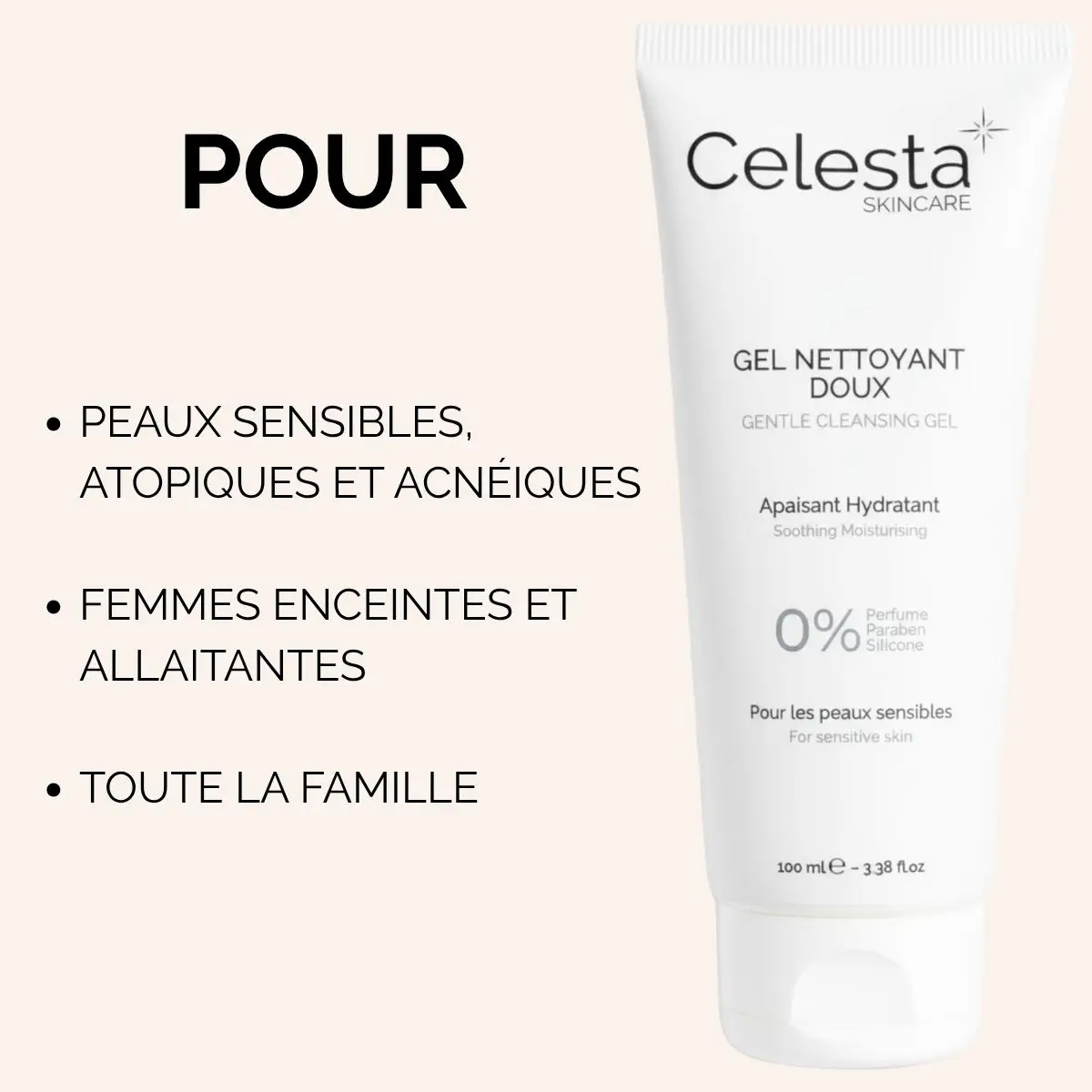 Gel nettoyant visage sans parfum Celesta Skincare – pour peaux sensibles, atopiques et acnéiques, femmes enceintes, toute la famille, 100/100 YUKA