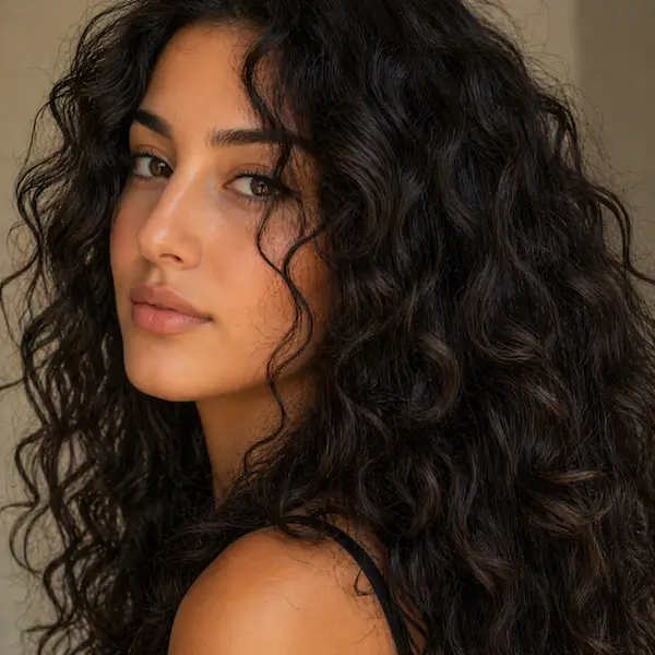 Femme aux cheveux bouclés avec spirales définies et volume naturel
