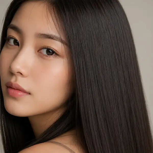 Femme asiatique aux cheveux raides lisses et brillants, gros plan visage et fibre capillaire