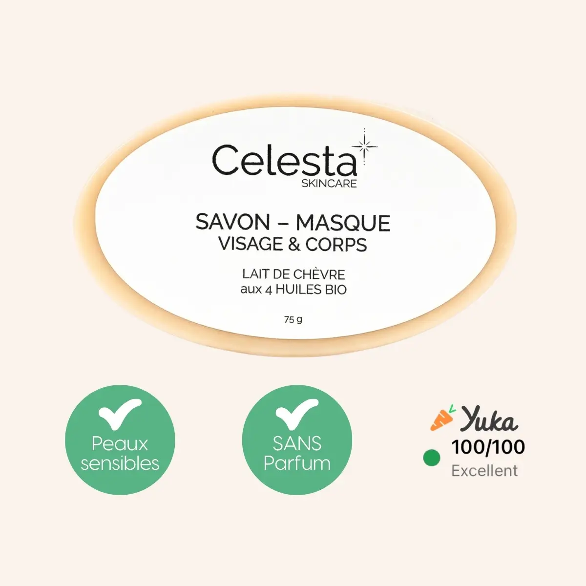 Savon masque lait de chèvre sans parfum Celesta Skincare pour peaux sensibles, atopiques et acéniques, 100/100 YUKA, lait de chèvre aux 4 huiles bio