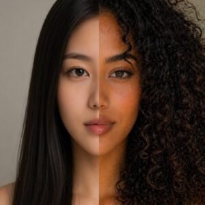 Comparaison types de cheveux : cheveux raides lisses et cheveux crépus bouclés sur visage divisé en deux