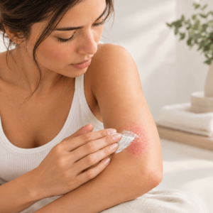 Femme appliquant une crème Celesta Skincare sans parfum sur une zone rouge et irritée du bras, adaptée aux peaux sensibles et abîmées.
