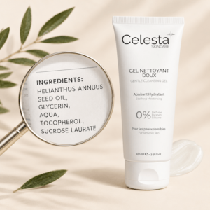 Celesta Skincare – Gel nettoyant doux sans parfum pour peaux sensibles, avec loupe illustrant la liste INCI de ses ingrédients.